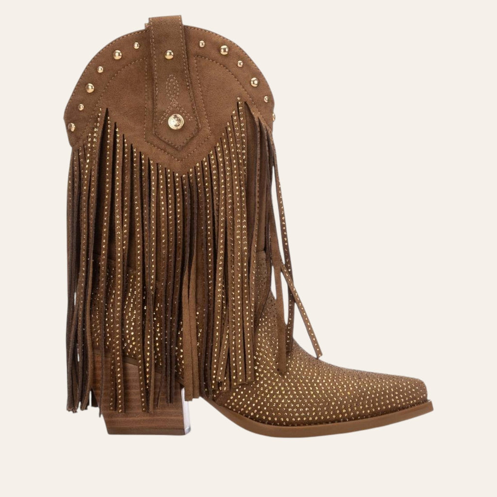 So and Ro - shoes and more - Fernanda bruine microsuède laars met franjes, studs en western boho-stijl
