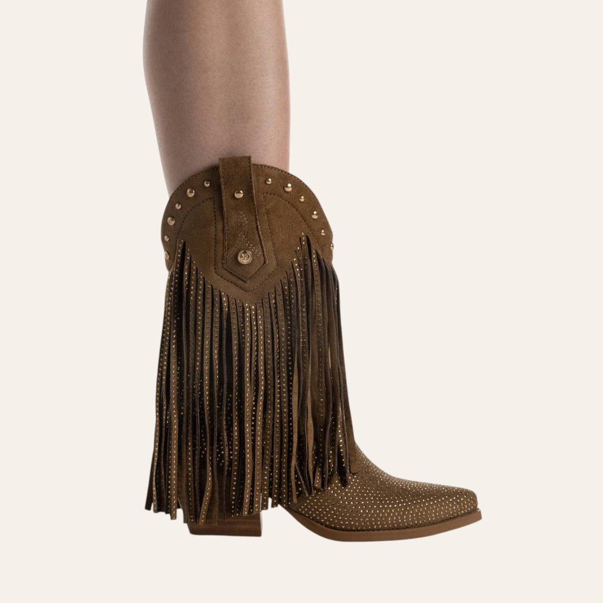 So and Ro - shoes and more - Fernanda bruine microsuède westernlaars met franjes en subtiele gouden studs