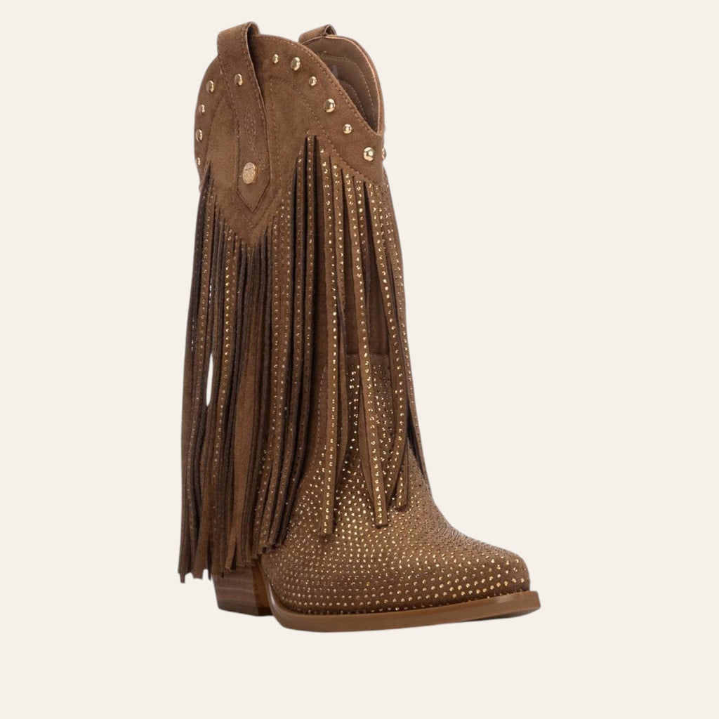 So and Ro - shoes and more - Fernanda bruine microsuède laars met franjes en gouden studs in boho western stijl
