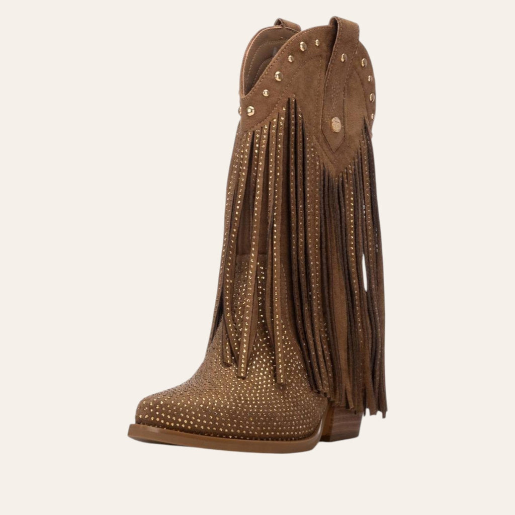So and Ro - shoes and more - Fernanda bruine microsuède western laarzen met franjes en gouden studs