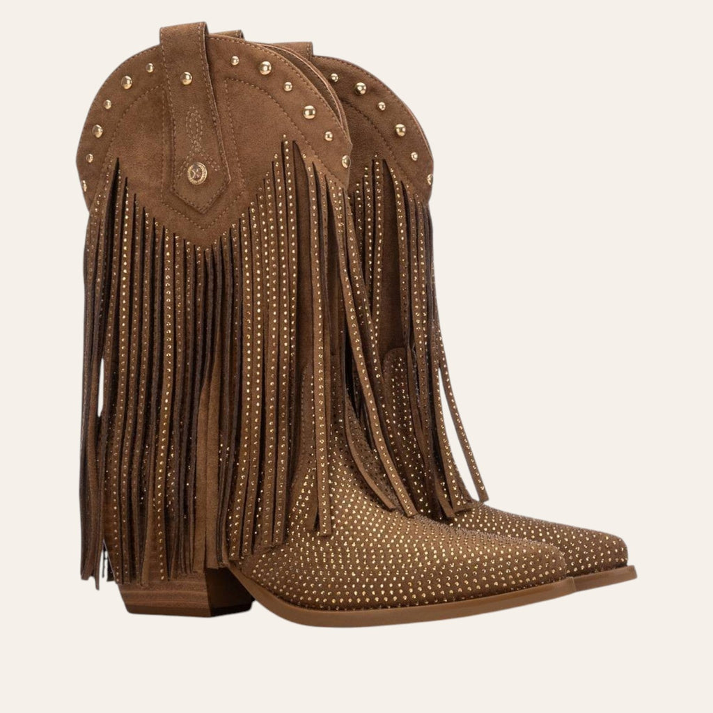 So and Ro - shoes and more - Fernanda bruine microsuède westernlaarzen met franjes en gouden studs in boho-stijl