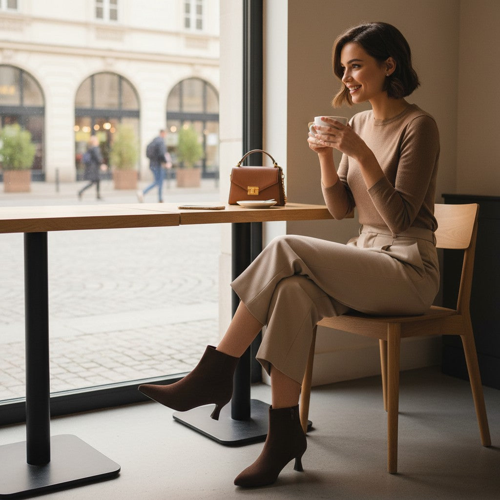 Vrouw draagt So and Ro - shoes and more - Caroline bruine microsuède enkellaarsjes met kitten heel in een café.