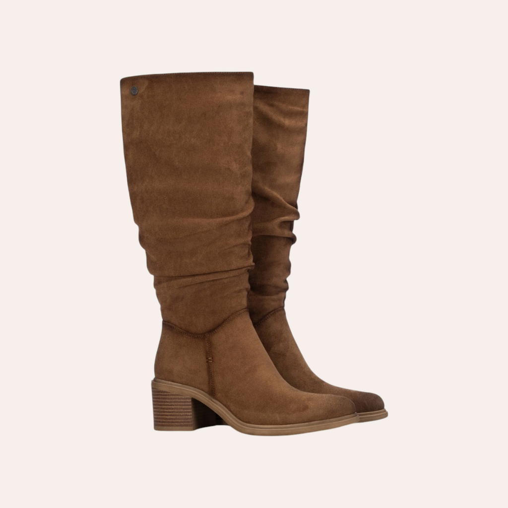 So and Ro - shoes and more - bruine Amber laarzen met hak van zacht microsuede met een elegante, geplooide schacht.