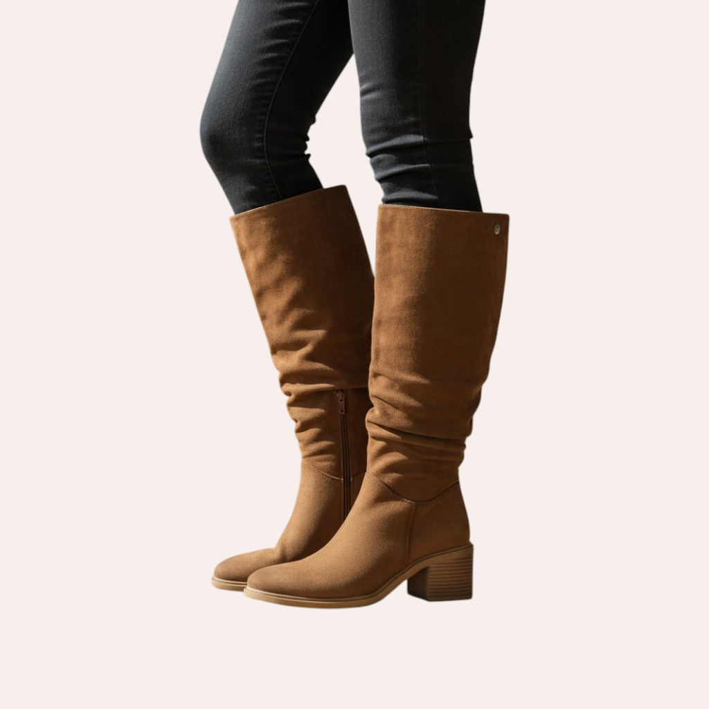 So and Ro - shoes and more - Amber bruine laarzen met hak van zacht microsuede voor een elegante uitstraling.