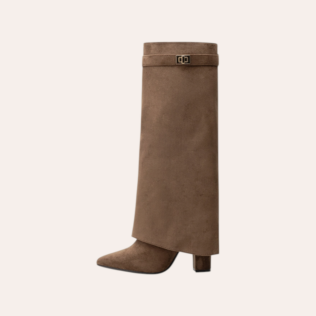 So and Ro - shoes and more - Aya bruine suède laarzen met hoge omslagschacht, spitse neus en elegante blokhak