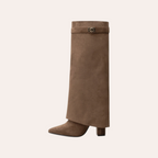 So and Ro - shoes and more - Aya bruine suède laarzen met hoge omslagschacht, spitse neus en elegante blokhak