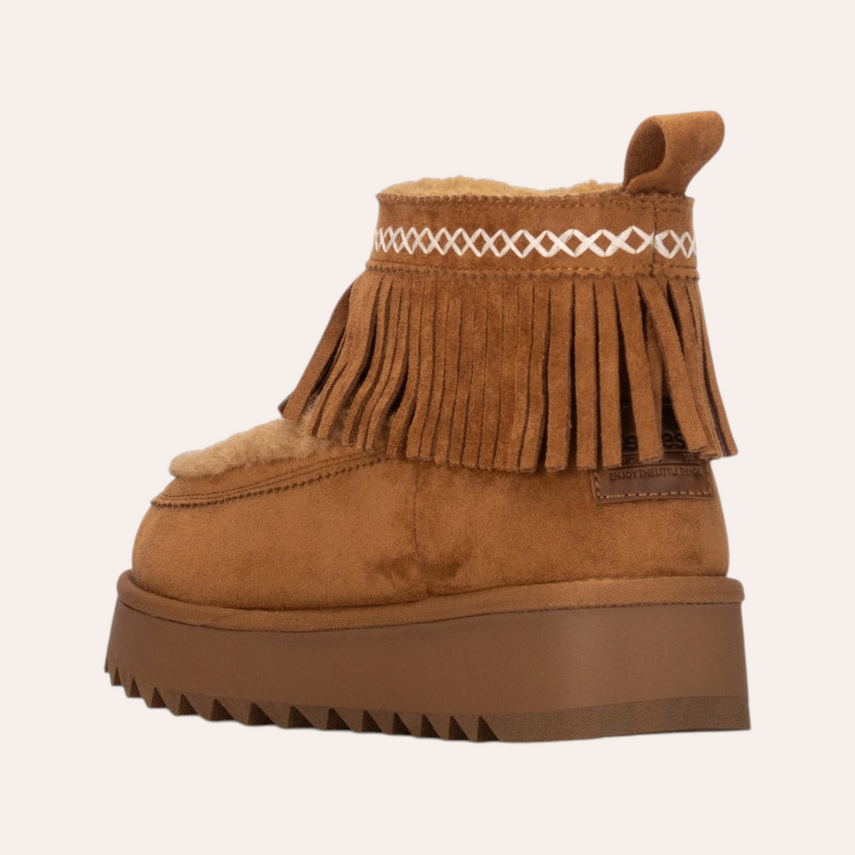 So and Ro - shoes and more - bruine Refresh enkellaarsjes met franjes, pluizige voering en dikke profielzool