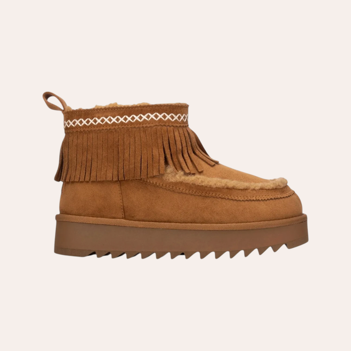 So and Ro - shoes and more - bruine Refresh enkellaarsjes met franjes, pluizige voering en dikke profielzool.