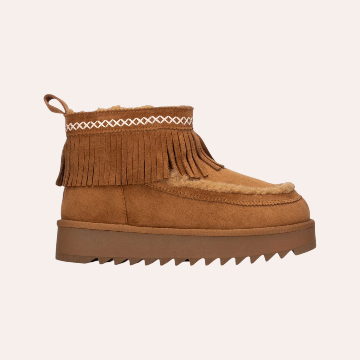 So and Ro - shoes and more - bruine Refresh enkellaarsjes met franjes, kruissteek details en dikke profielzool.