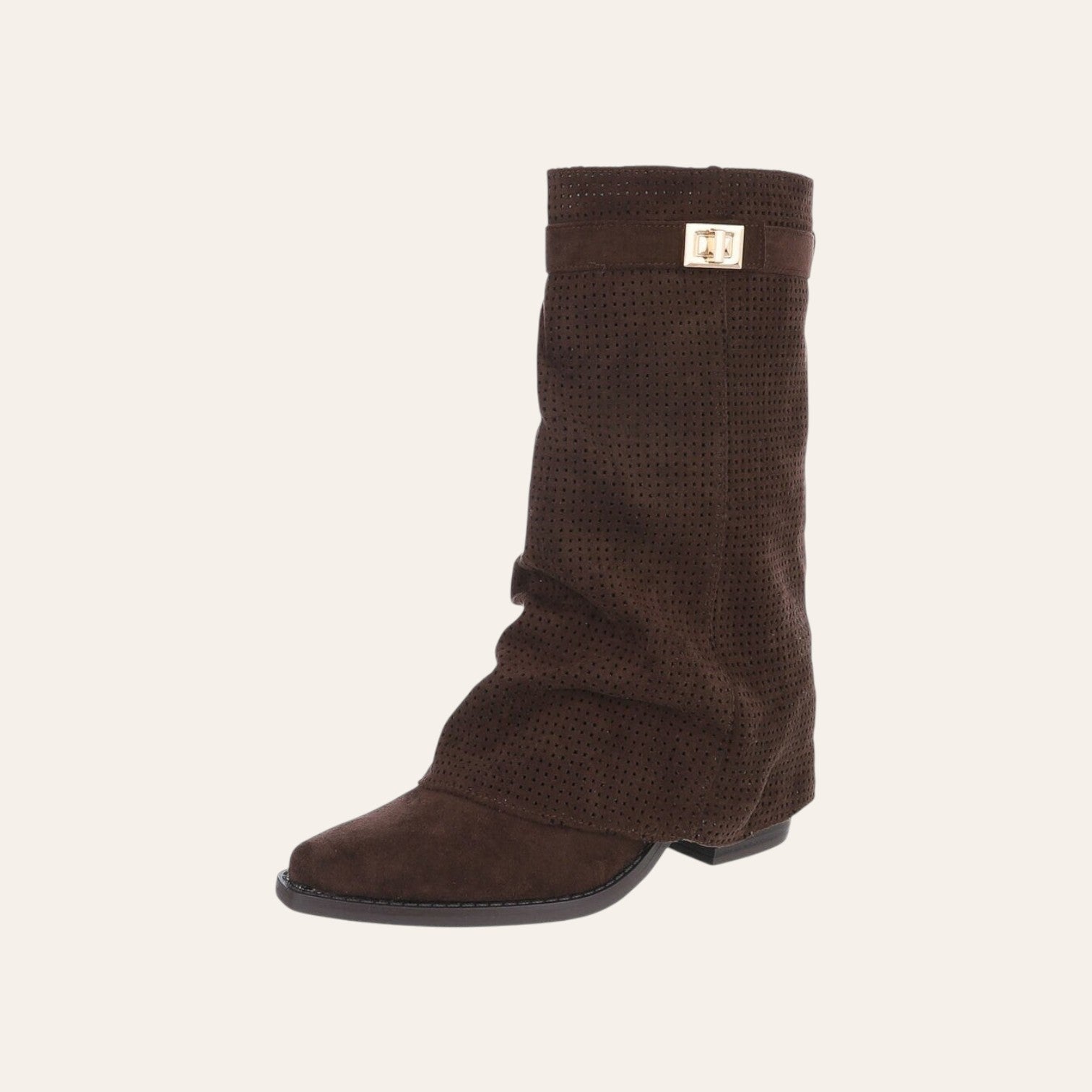 So and Ro - shoes and more - Lolita bruine laars van micro suède met geperforeerde stof en goudkleurige gesp.