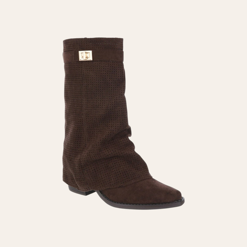 So and Ro - shoes and more - Lolita bruine laars van micro suède met geperforeerde stof en goudkleurige gesp.