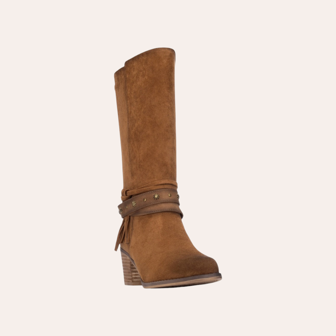 So and Ro - shoes and more - Steffi bruine suède laarzen met blokhak, kwastjes en decoratieve studs