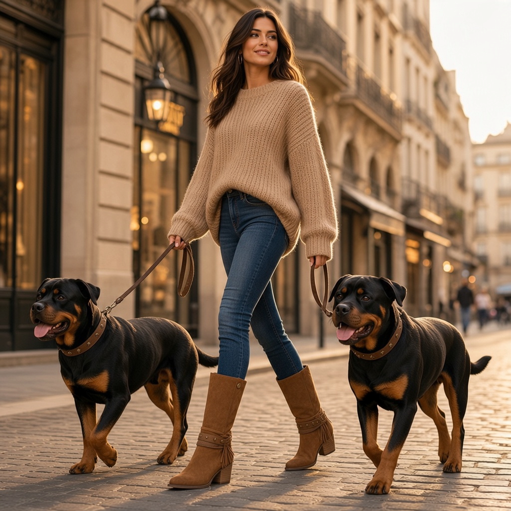Vrouw draagt bruine So and Ro - shoes and more - Steffi laarzen met franjes tijdens een wandeling met twee honden.