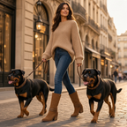 Vrouw draagt bruine So and Ro - shoes and more - Steffi laarzen met franjes tijdens een wandeling met twee honden.