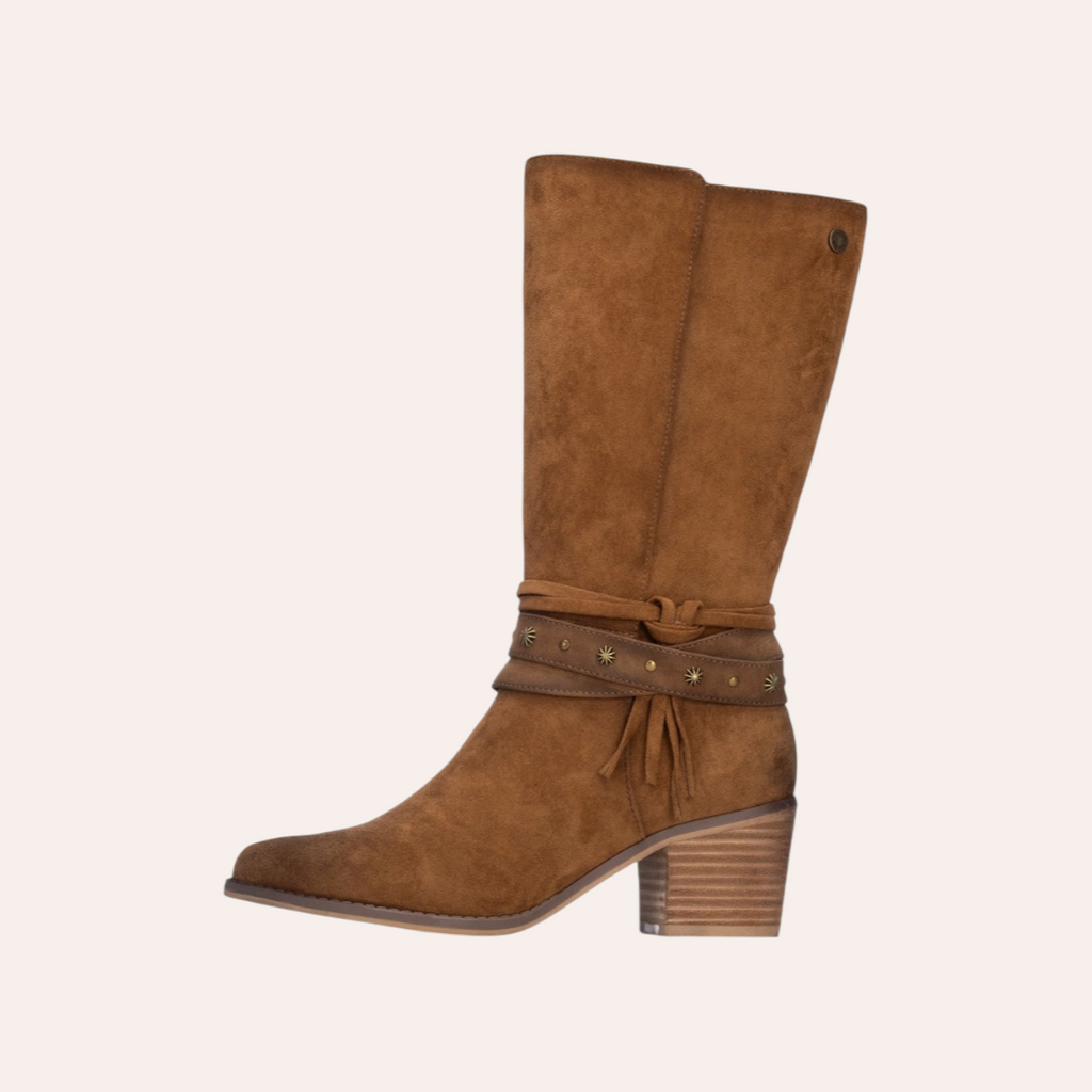 So and Ro - shoes and more - Steffi bruine suède laarzen met blokhak, kwastjes en decoratieve studs