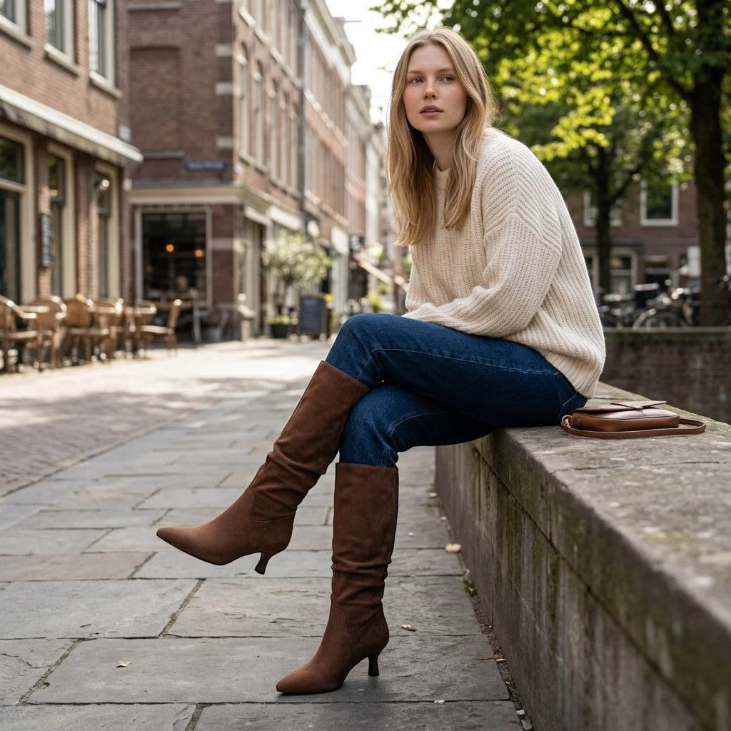 So and Ro - shoes and more - Tessa laarzen in bruine lederlook met geplooide schacht, spitse neus en elegante kitten heel