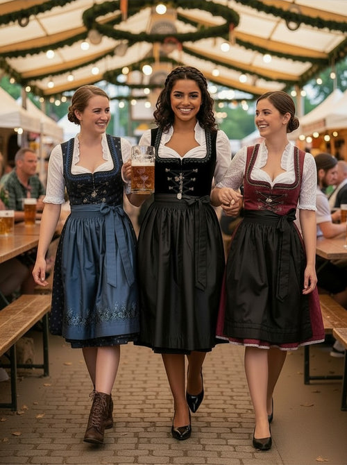 Drie vrouwen in traditionele Dirndl-kleding op een Oktoberfest, waarbij de vrouw links So and Ro - shoes and more - Alexandra bruine microsuède veterlaarsjes draagt.