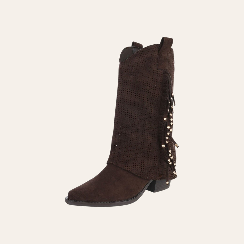 So and Ro - shoes and more - Charlot bruine western laars van geperforeerd microsuède met franjes en gouden studs.