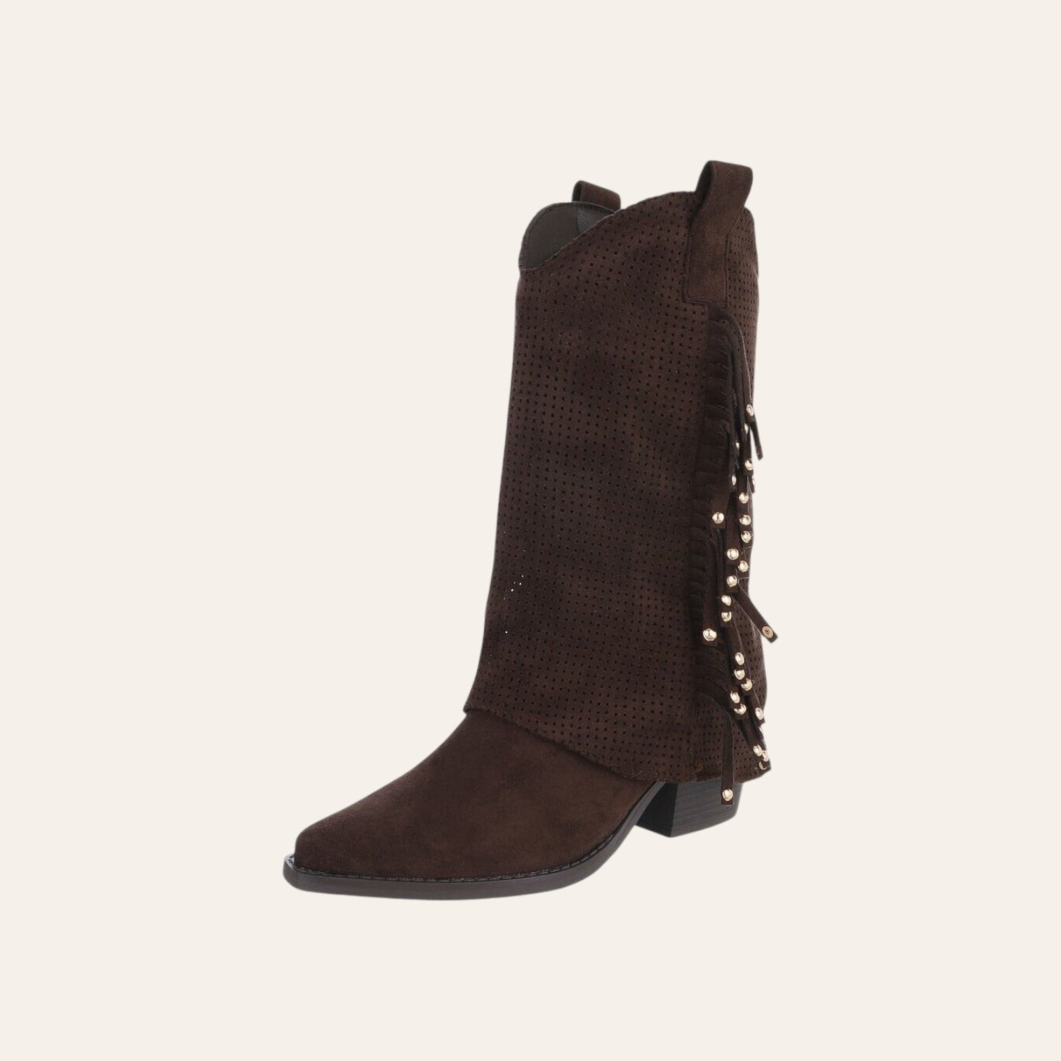 So and Ro - shoes and more - Charlot bruine western laars van geperforeerd microsuède met franjes en gouden studs.