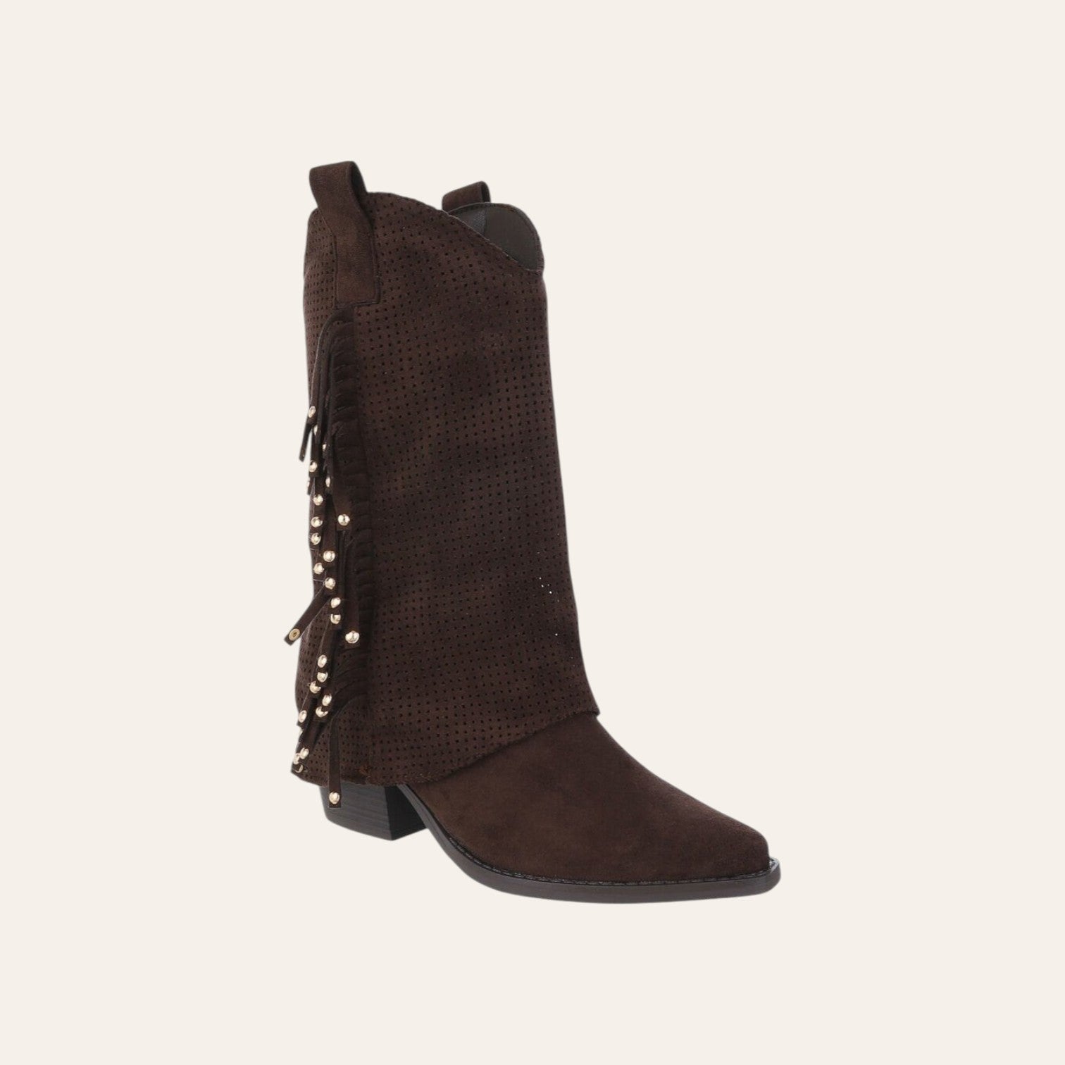 So and Ro - shoes and more - Charlot bruine western laars van geperforeerd microsuède met franjes en gouden studs.