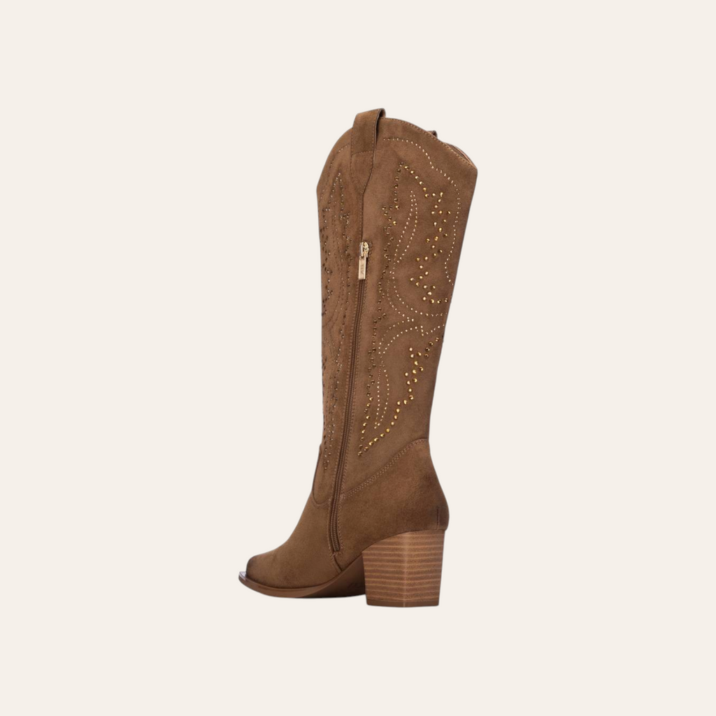 So and Ro - shoes and more - Wiona bruine western laars met strassteentjes en blokhak in zijaanzicht