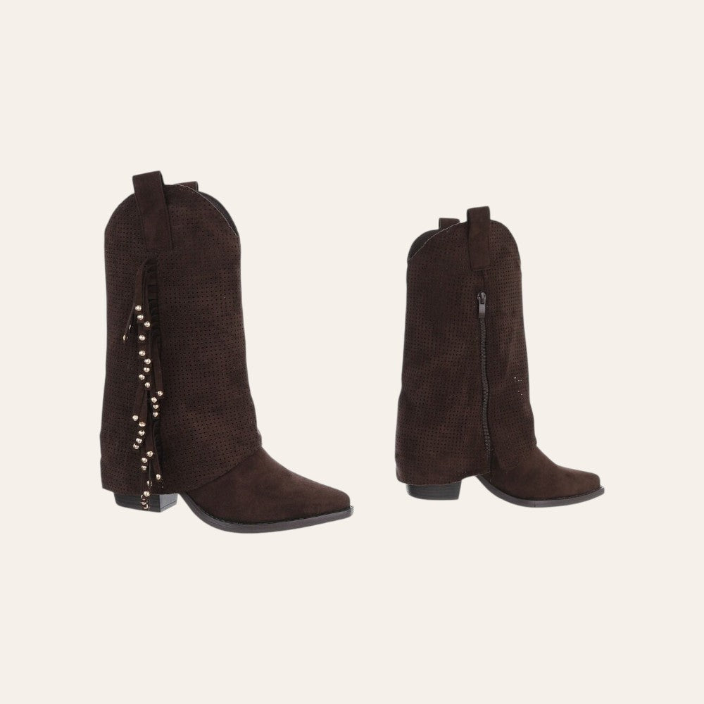 So and Ro - shoes and more - Charlot bruine western laarzen van geperforeerd microsuède met franjes en gouden studs