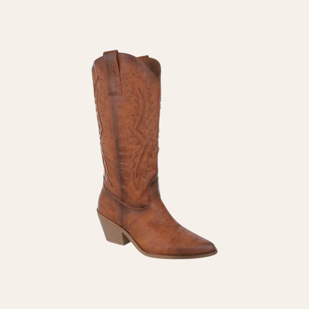 So and Ro - shoes and more - Christine camelkleurige kniehoge cowboylaarzen met western borduursels en blokhak