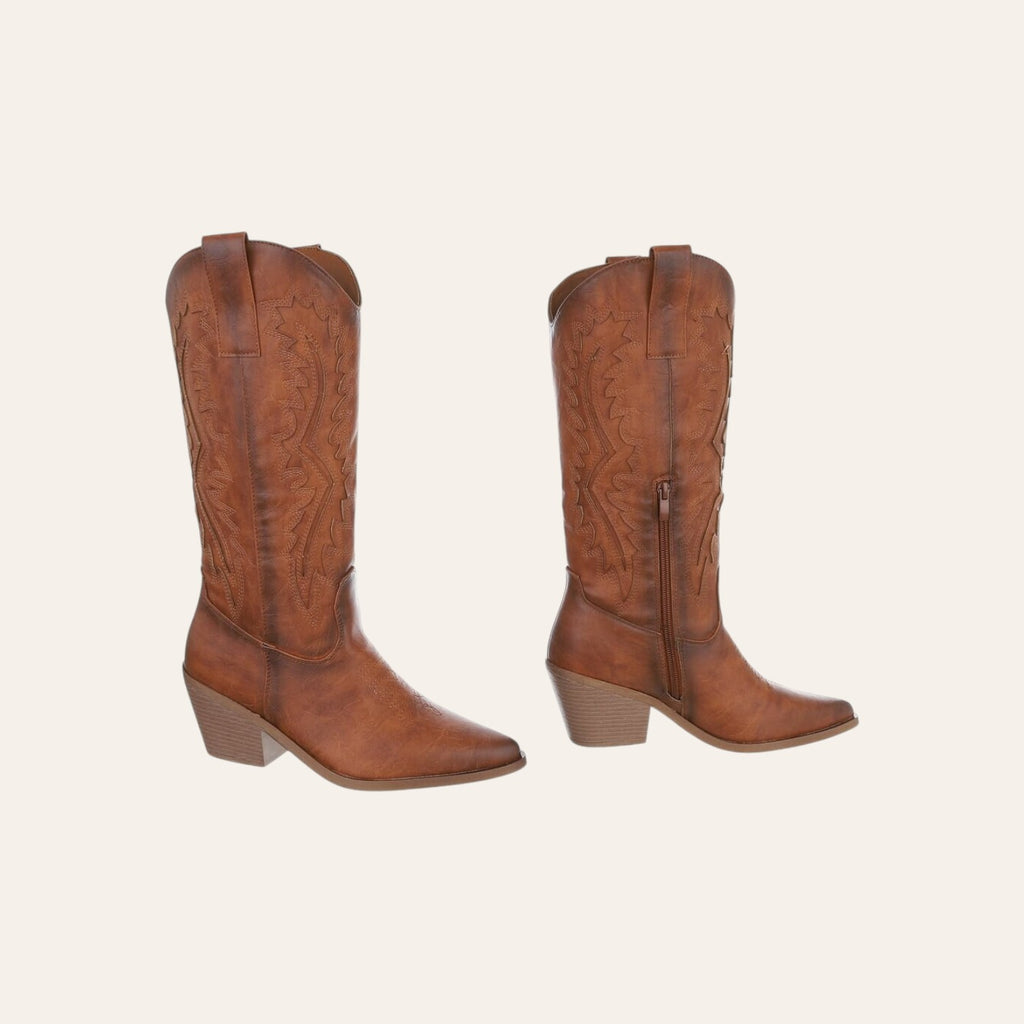 So and Ro - shoes and more - Christine camelkleurige kniehoge cowboylaarzen met borduursels en blokhak