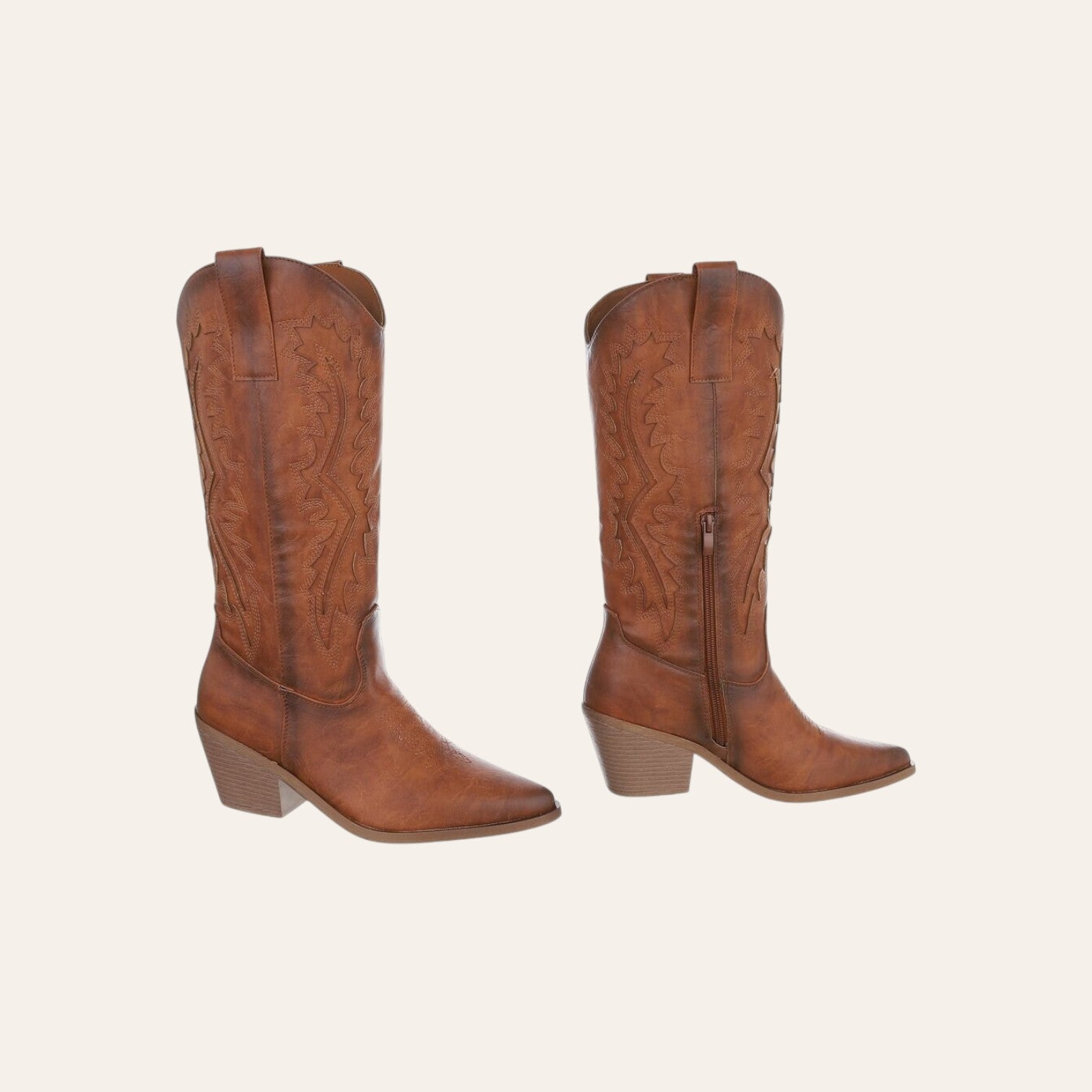 So and Ro - shoes and more - Christine camelkleurige kniehoge cowboylaarzen met borduursels en blokhak
