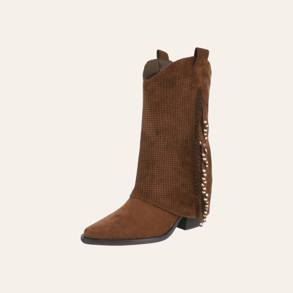So and Ro - shoes and more - Charlot camelkleurige westernlaarzen van geperforeerd microsuède met franjes en studs