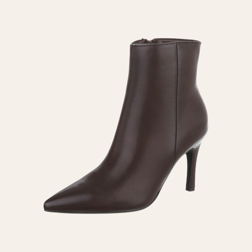 So and Ro - shoes and more - Casandra bruine enkellaars met stilettohak en spitse neus in lederlook
