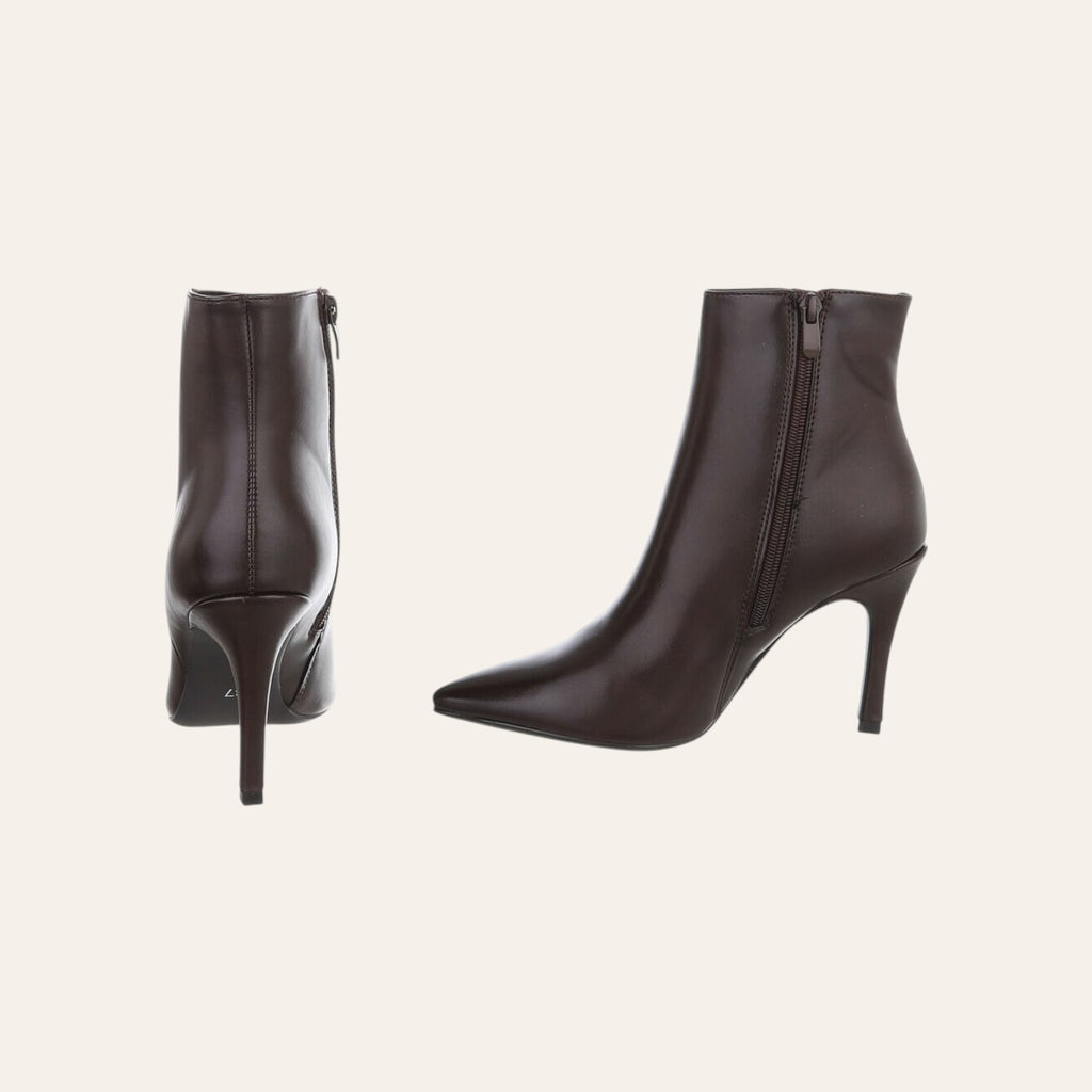 So and Ro - shoes and more - Casandra bruine enkellaarsjes met stilettohak en spitse neus in lederlook