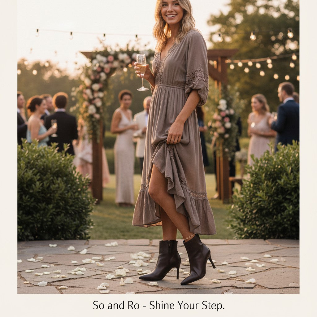So and Ro - shoes and more - Casandra bruine enkellaarsjes met stilettohak en spitse neus gedragen op een feestje
