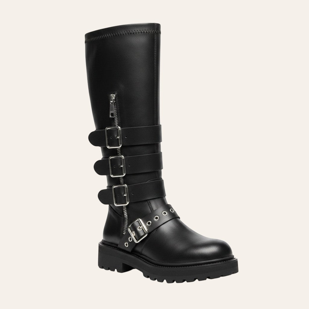 So and Ro - shoes and more - Celine black faux leather high biker boots with silver buckles and chunky lug sole
