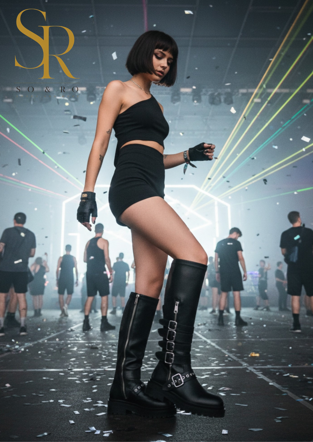 So and Ro - shoes and more - Celine black faux leather high biker boots with silver buckles worn at a rave festival