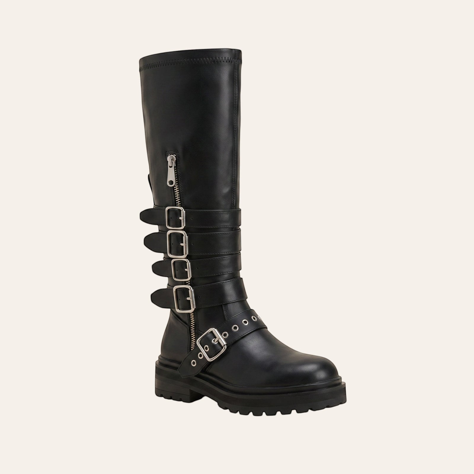 So and Ro - shoes and more - Celine kniehoge zwarte laars met vier zilveren gespen en chunky platformzool