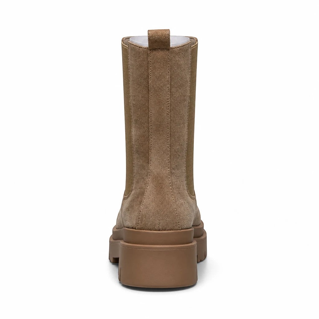 So and Ro - shoes and more - Charlie enkellaars in khaki microsuède met chunky zool, achteraanzicht.