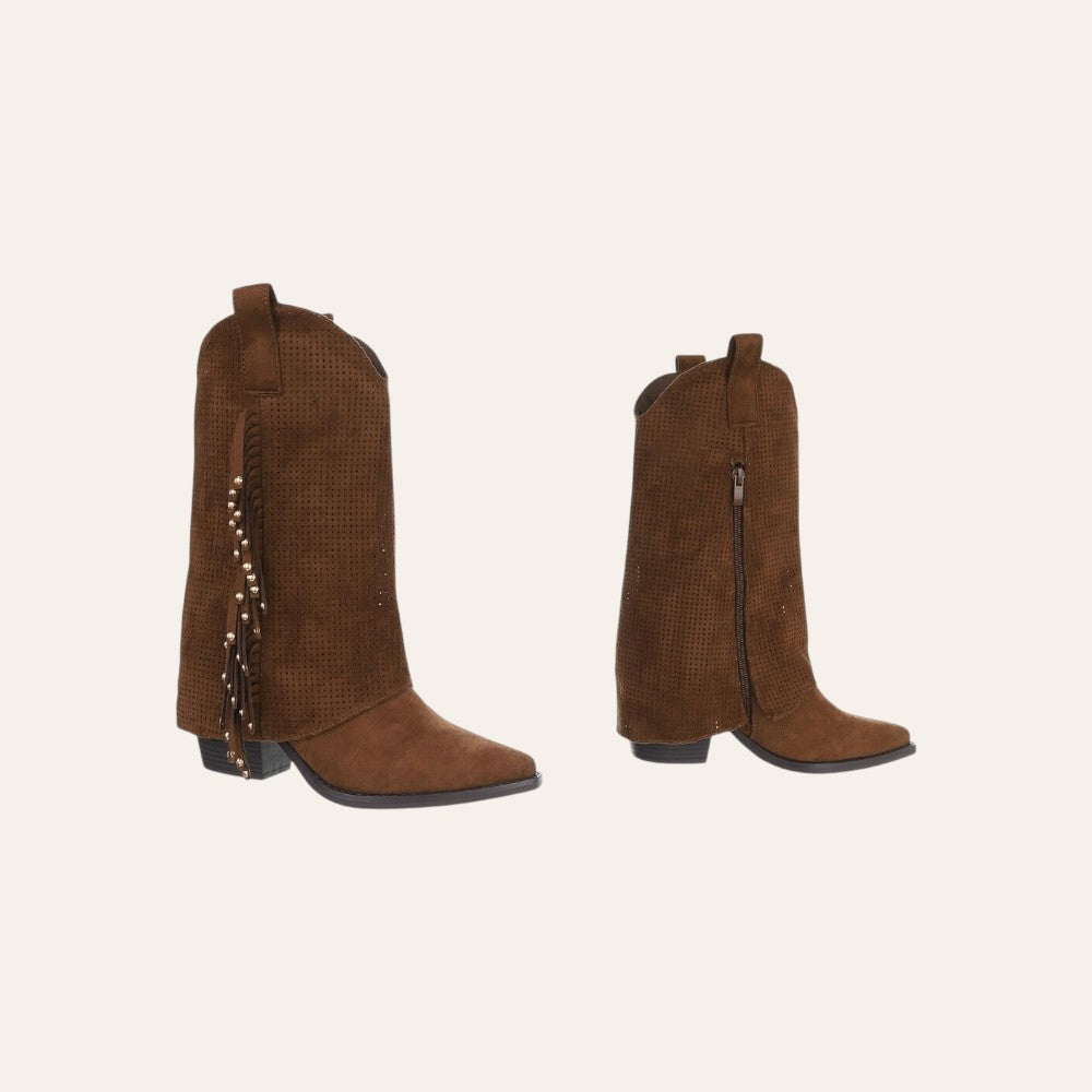 So and Ro - shoes and more - Charlot camelkleurige westernlaarzen van geperforeerd microsuède met franjes en gouden studs