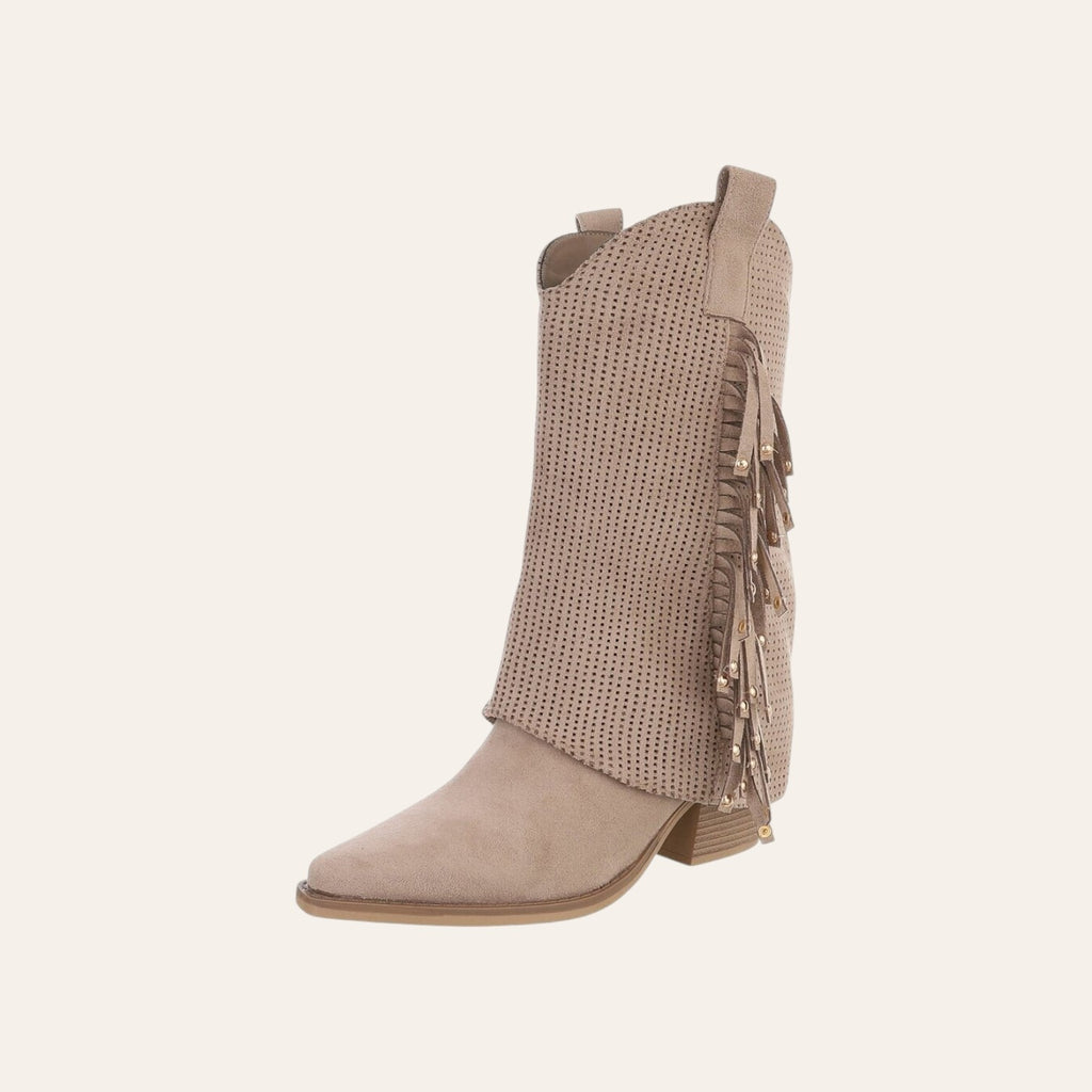 So and Ro - shoes and more - Charlot khaki western laars van geperforeerd microsuède met franjes en gouden studs.