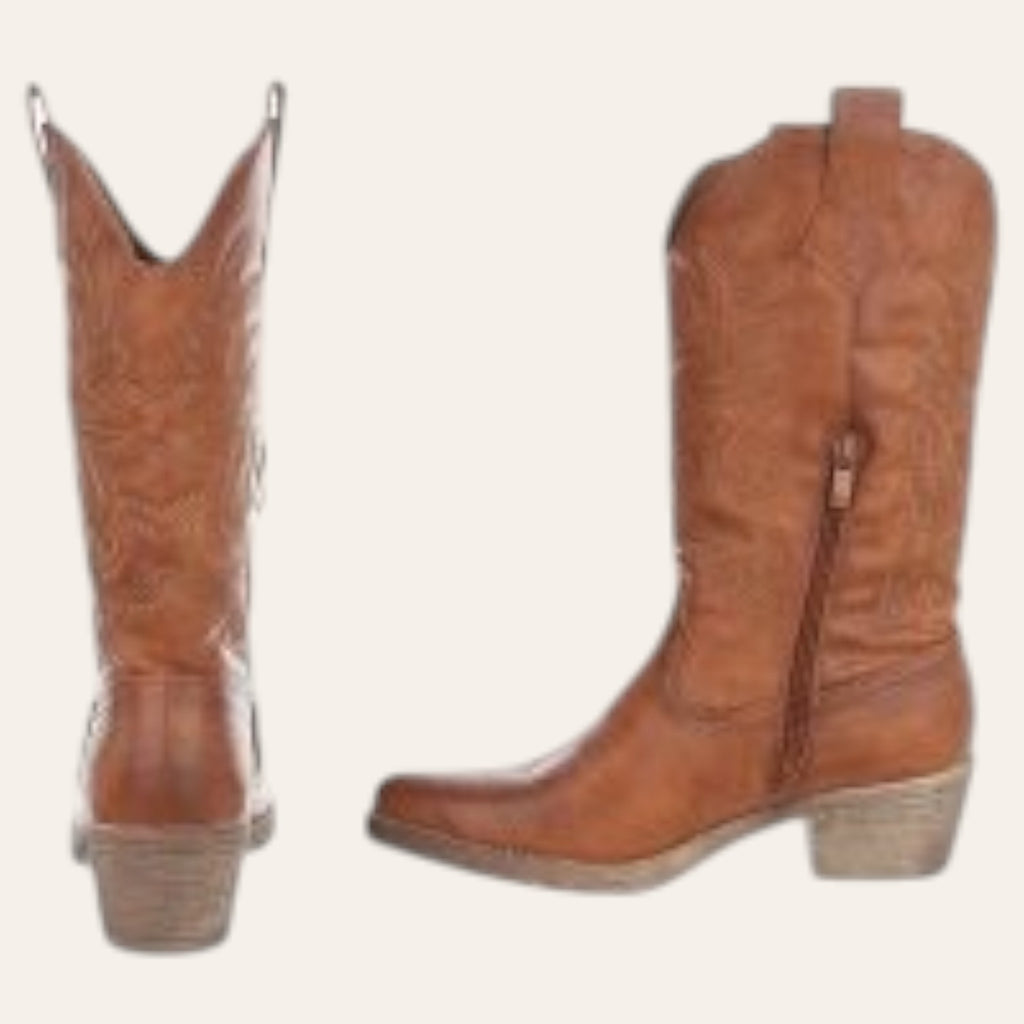 So and Ro - shoes and more - Carla cognac cowboylaarzen met western borduurwerk en blokhak in lederlook