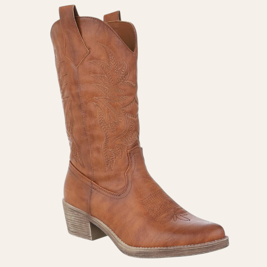 So and Ro - shoes and more - Carla cognac cowboylaarzen met western borduurwerk en blokhak in lederlook