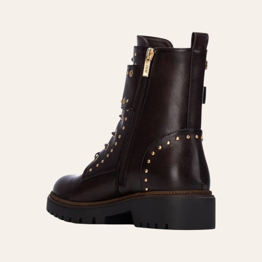 So and Ro - shoes and more - Barcabiker dark brown faux leather biker boot with gold studs and side zipper