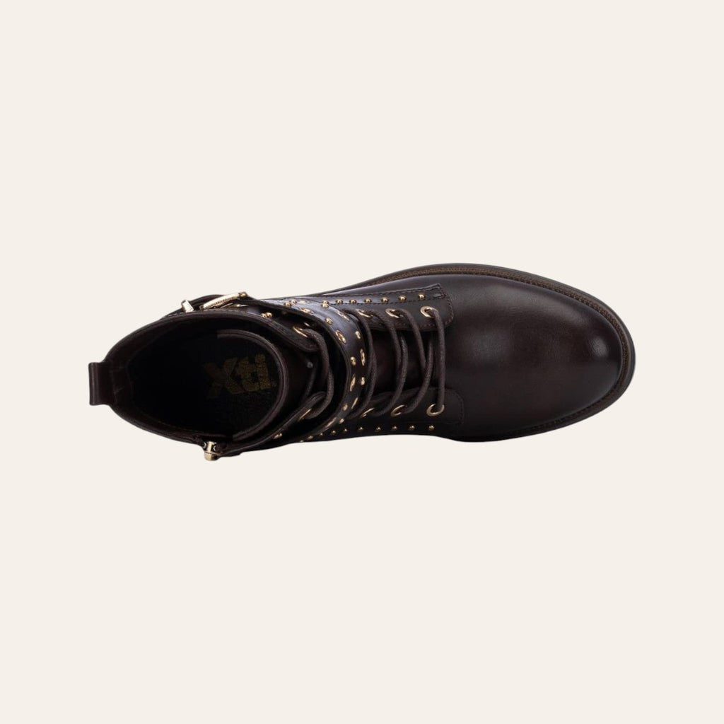So and Ro - shoes and more - Barcabiker dark brown faux leather biker boot with gold studs and lace-up detail