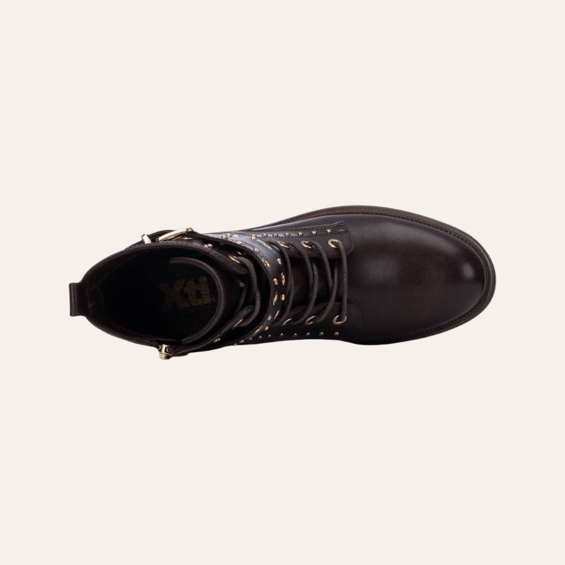 So and Ro - shoes and more - Barcabiker dark brown faux leather biker boot with gold studs and lace-up detail