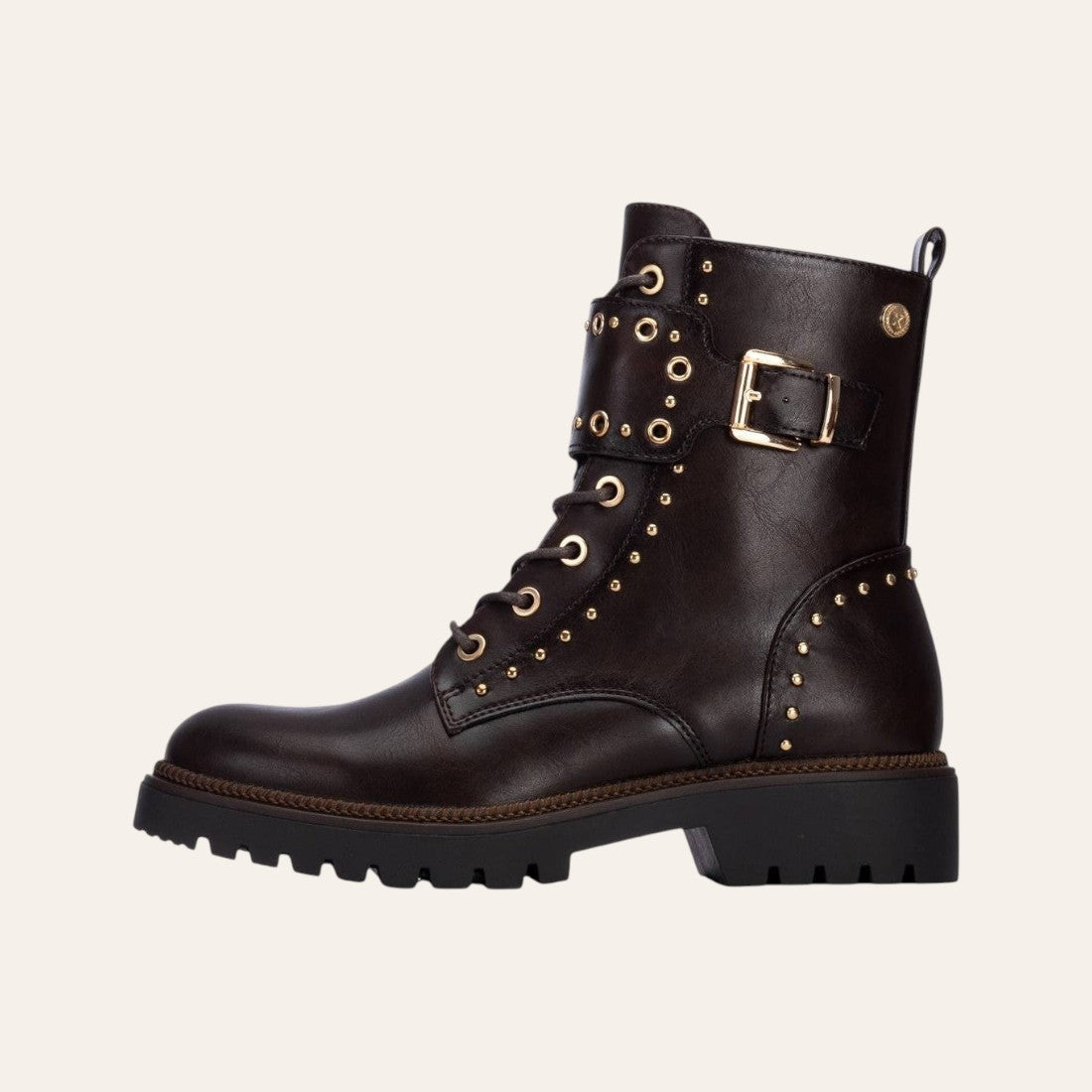 So and Ro - shoes and more - Barcabiker dark brown faux leather biker boot with gold studs, buckle, and lug sole