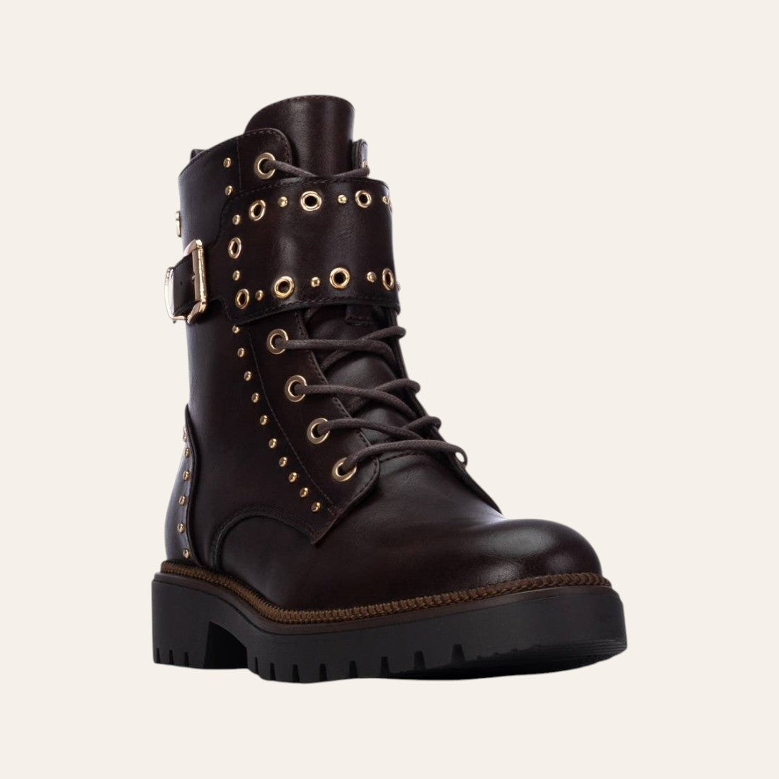 So and Ro - shoes and more - Barcabiker dark brown faux leather biker boot with gold studs and buckle strap detail