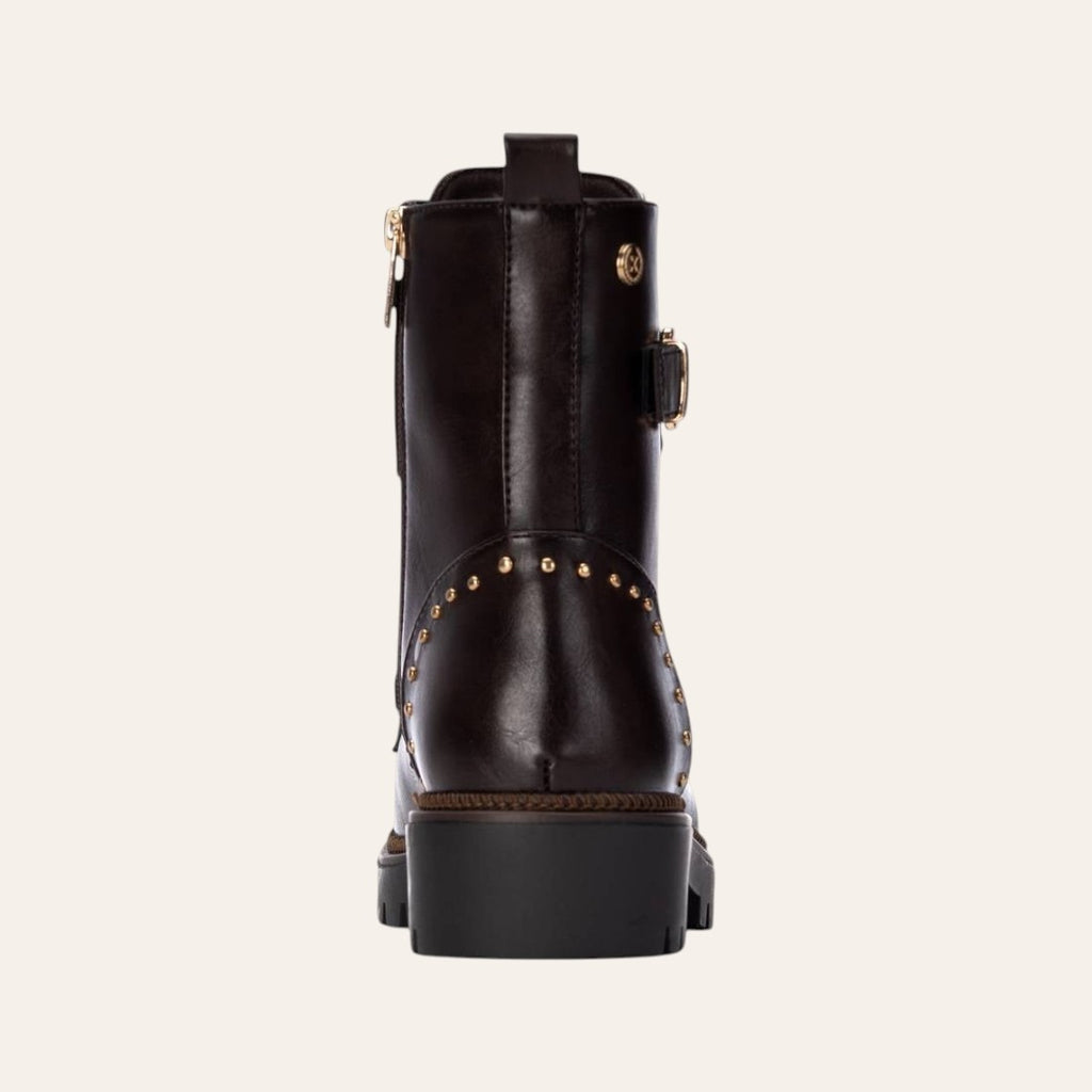 So and Ro - shoes and more - Barcabiker dark brown faux leather biker boot with gold studs and rear view detail