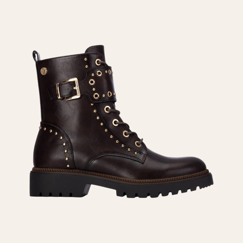 So and Ro - shoes and more - Barcabiker dark brown faux leather biker boot with gold studs and buckle detail