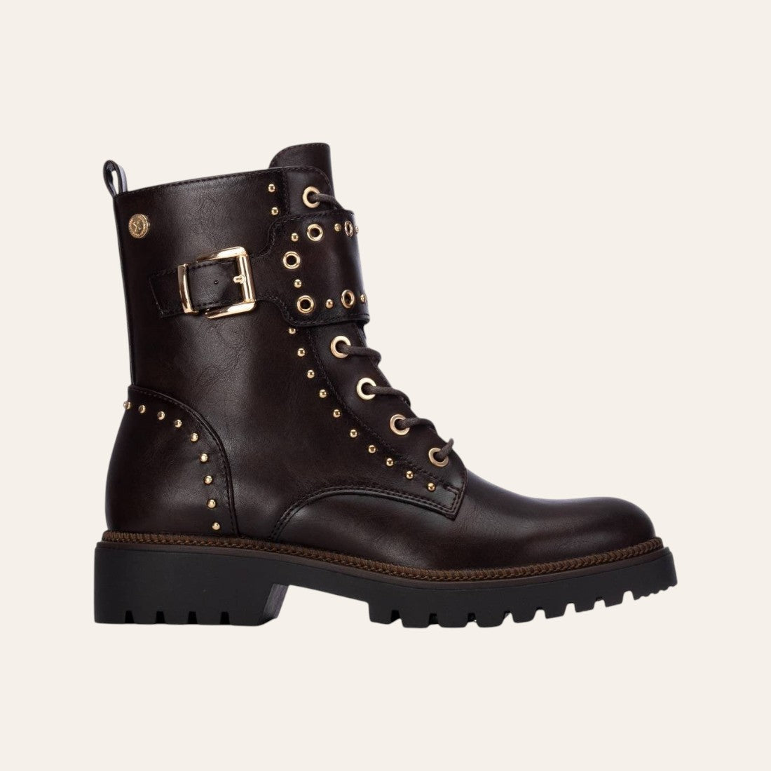 So and Ro - shoes and more - Barcabiker dark brown faux leather biker boot with gold studs and buckle detail