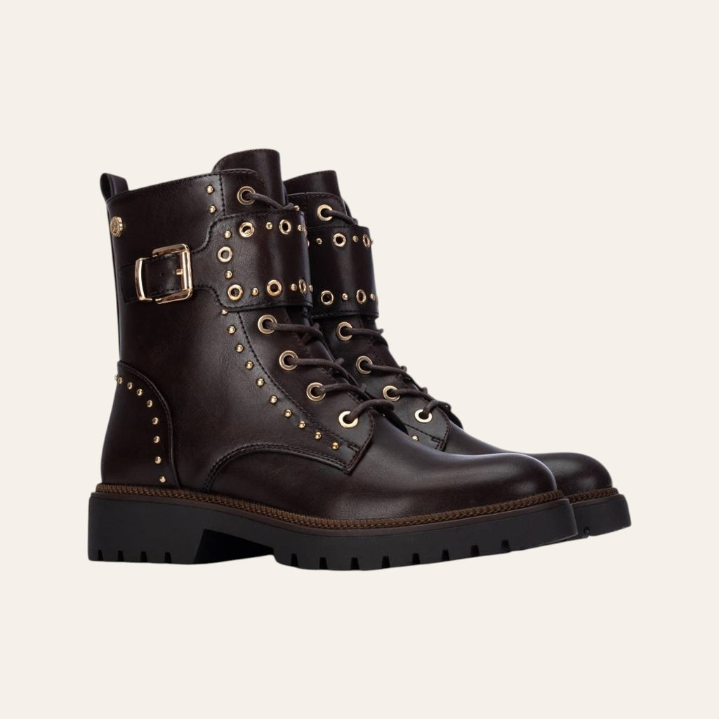 So and Ro - shoes and more - Barcabiker dark brown faux leather biker boots with gold studs and buckle strap details